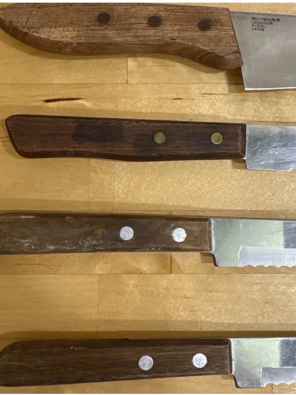 Vintage Japan Kitchen Knife Lot 5 Molybdenum Vanadium Serrated Cake Wood Handles